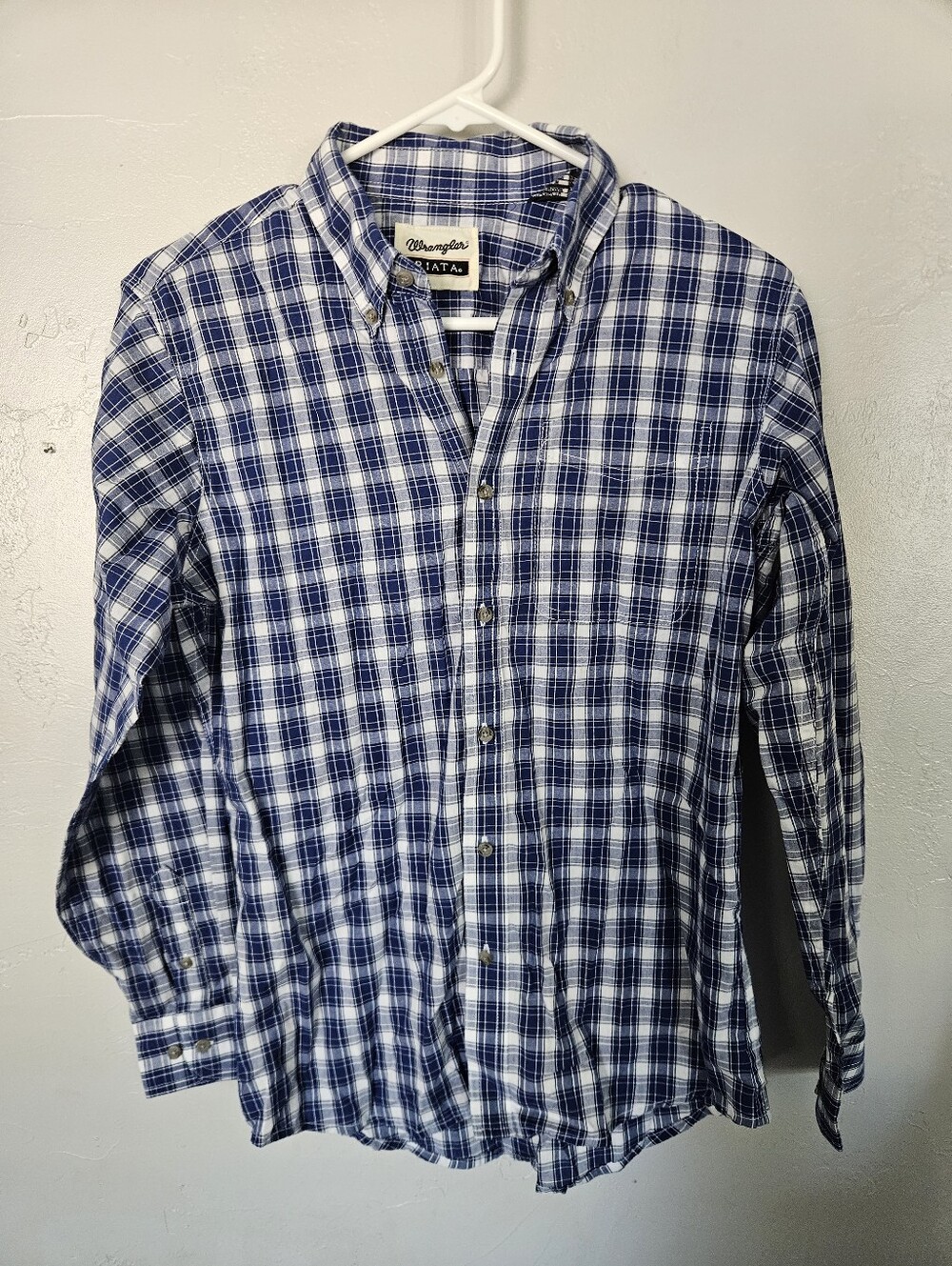 Wrangler Riata Dark Blue and White Plaid Button-Down Shirt Long Sleeve Boys XL